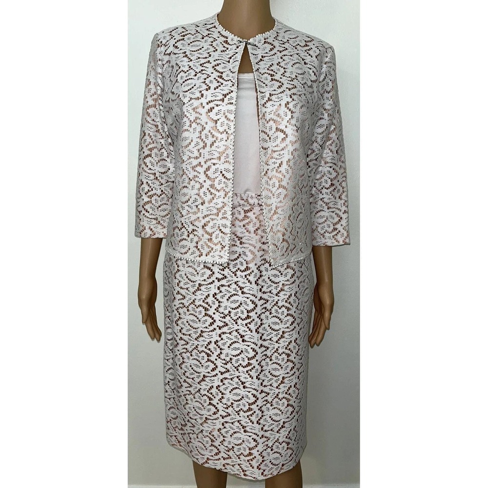 Vintage 60s ILGWU AFL CIO Cream‎ Nude Lace Jacket Skirt Womens Suit Set Size 4